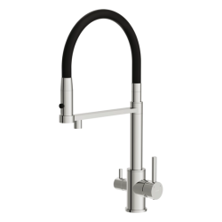 Смеситель для кухни/мойки Cersanit Zen с подключением фильтра, однорычажный, поворотный/гибкий, керамический, излив 227 мм, высота излива 266 мм латунь/силикон, цвет хром/черный