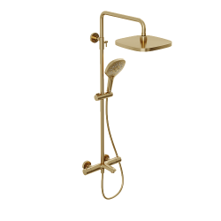 Душевая система Abelsberg Perfecta с термостатом, высота 900−1300 мм цвет королевское золото, комплект: смеситель/излив/тропический душ прямоугольный (с верхней лейкой)/лейка/стойка/шланг, латунь/ABS-пластик