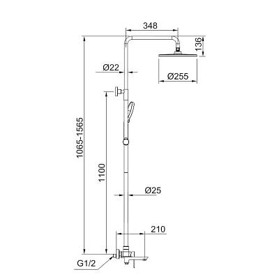 Душевая система Raglo R03.24.06 со смесителем, высота 1065-1565 мм цвет черный, комплект: однорычажный смеситель/излив/тропический душ круглый (с верхней лейкой)/лейка/стойка/шланг, нержавеющая сталь/латунь