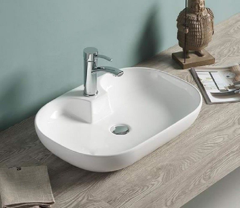 Раковина CeramaLux 9446 61х12,5х42 накладная, прямоугольная, керамическая/фарфоровая, цвет белый, с отверстием под смеситель, без слива-перелива