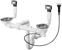 Слив-перелив Hansgrohe D15-11 (с сифоном), для кухонной мойки с двумя чашами, пластиковый/нержавеющая сталь, диаметр: 40/50, цвет нержавеющая сталь, автоматическое управление, фильтр-корзинка: 3 1/2"