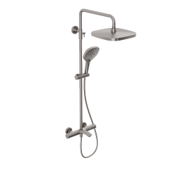 Душевая система Abelsberg Perfecta с термостатом, высота 900−1300 мм цвет титан, комплект: смеситель/излив/тропический душ прямоугольный (с верхней лейкой)/лейка/стойка/шланг, латунь/ABS-пластик