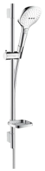 Душевой гарнитур Hansgrohe Raindance Select E 120 3jet EcoSmart, высота 65 см, лейка квадратная, комплект: ручной душ/душевая штанга/шланг для душа/ползунок/мыльница, стальной, нержавеющая сталь, цвет хром/белый, наружного монтажа, настенный