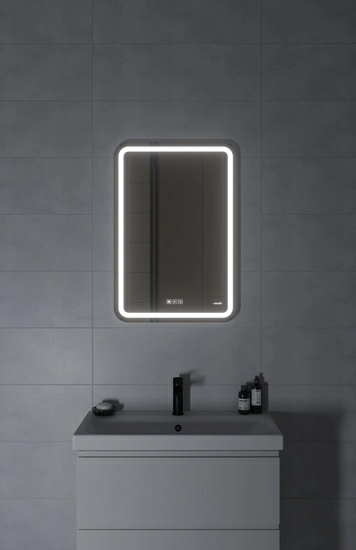 Зеркало Cersanit LED 051 design pro, 55х80х4 см, с LED/ЛЕД-подсветкой, bluetooth/блютуз, часы/датчик температуры, прямоугольное, с антизапотеванием, выключатель сенсорный, для ванны