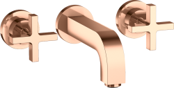Смеситель для раковины Axor Citterio на 3 отверстия, двухвентильный, с крестообразными рукоятками, настенный, скрытого монтажа, фиксированный излив, длина излива 16,2 см, керамический, латунь, цвет полированное красное золото, с незапираемым сливным 