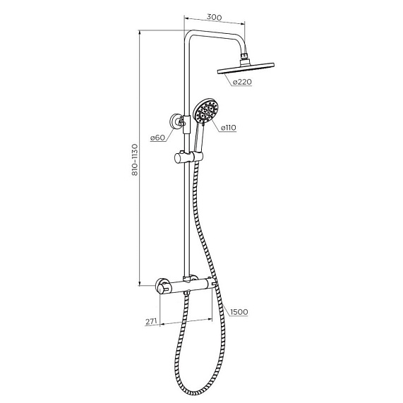 Душевая система Dorff Futura, высота 810-1130 мм, цвет хром, комплект: термостатический смеситель/тропический душ (с верхней лейкой)/стойка/лейка/шланг, латунь/пластик/нержавеющая сталь