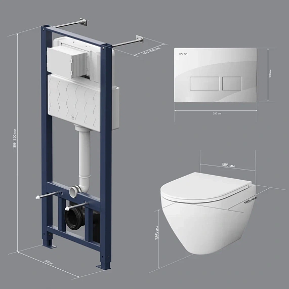 Комплект унитаза с инсталляцией AM.PM Spirit 2.0, c сиденьем микролифт, с пневматической клавишей цвет белый (кнопкой, клавишей двойного смыва), система для подвесного унитаза, со скрытым смывным бачком (бак), с подвесным унитазом