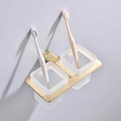 Стакан с держателем Raglo R301.08.03 двойной, с держателем, настенный, нержавеющая сталь/стекло, для зубных щеток в ванную/туалет/душевую кабину, цвет сатин золотой