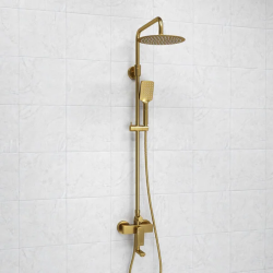 Душевая система WasserKRAFT Aisch, высота 950-1350 мм, цвет золото матовое, комплект: однорычажный смеситель/излив/тропический душ (с верхней лейкой)/стойка/лейка/шланг, наружного монтажа