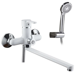 Смеситель для ванны/душа LEDEME настенный, однорычажный, поворотный, латунный, длина излива 329 мм, латунь, цвет белый/хром