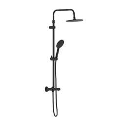 Душевая система Damixa Jupiter, высота 1030-1460 мм, цвет черный матовый, комплект: термостатический смеситель/тропический душ круглый (с верхней лейкой)/стойка/лейка/шланг, латунь/пластик