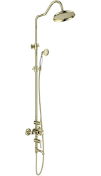 Душевая система Aquatek Классик с термостатом, 1029-1529 мм, цвет полированное золото, комплект: термостатический смеситель/излив/тропический душ (с верхней лейкой)/лейка/стойка/шланг, латунь/нержавеющая сталь