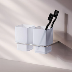 Стакан двойной AM.PM Inspire 2.0, с держателем, настенный, стекло/сталь, форма прямоугольная, для зубных щеток в ванную/туалет/душевую кабину, цвет хром