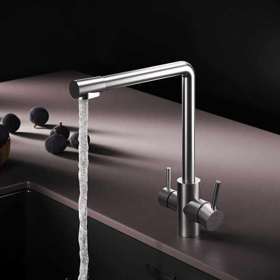 Смеситель для кухни/мойки Am.Pm X-Joy S однорычажный, поворотный, с каналом для питьевой воды, керамический, с высоким изливом, длина 245 мм, нержавеющая сталь, цвет сатин