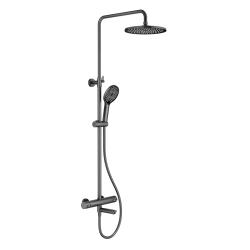 Душевая система Splenka S223.26.09 с термостатом, 1160-1560 мм цвет графит, комплект: термостатический смеситель/излив/тропический душ круглый (с верхней лейкой)/лейка/стойка/шланг, латунь/нержавеющая сталь