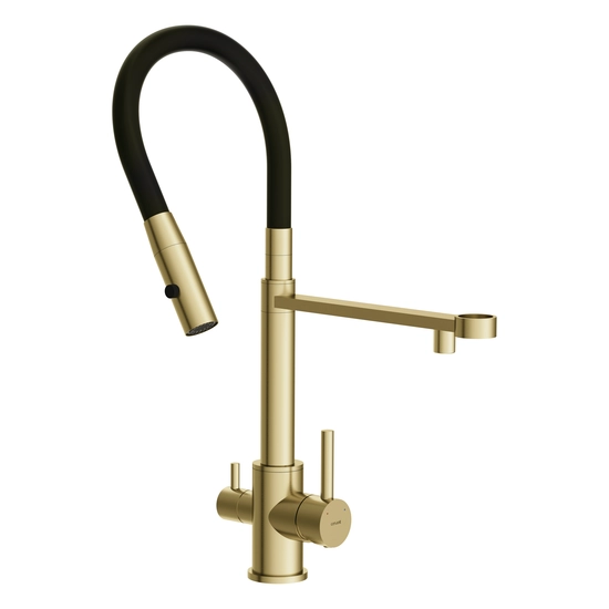 Смеситель для кухни/мойки Cersanit Zen с подключением фильтра, однорычажный, поворотный/гибкий, керамический, излив 227 мм, высота излива 266 мм латунь/силикон, цвет золотой/черный