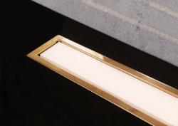 Душевой лоток PestanConfluo Premium Line White Glass 450 Gold, решетка: белое закаленное стекло/золото, для душа в полу, с гидро затвором, горизонтальный выпуск, нержавеющая сталь, прямоугольный