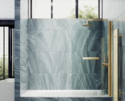 Душевая шторка на ванну MaybahGlass, 140х50 см, прозрачное стекло/профиль золото, поворотная, закаленное стекло 6 мм, плоская/панель, правая/левая, правосторонняя/левосторонняя, универсальная