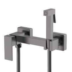 Смеситель с гигиеническим душем Splenka S98.51.07, настенный, однорычажный, керамический, без излива, с гибким шлангом/лейкой, латунь, цвет серый