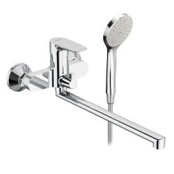 Смеситель для ванны/душа Damixa Origin Evo 2 однорычажный, хромированный, настенный, излив длинный универсальный, длина 350 мм, с аксессуарами, с шлангом/лейкой