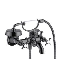 Смеситель для ванны Axor Montreux, двухвентильный, с крестообразными рукоятками, настенный, наружнего/внешнего монтажа, неповоротный, латунный, длина излива 22,4 см, керамический, цвет полированный черный хром, с душевым шлангом/лейкой/держателем для