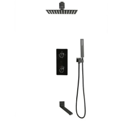 Душевая система ALMAes Tiber, встраиваемая, цвет черный матовый, комплект: термостатический смеситель/излив/тропический душ (с верхней лейкой)/ручной душ/шланг, встраиваемая в стену