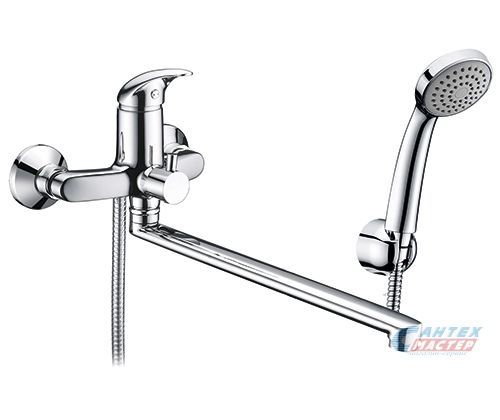 Смеситель для ванны/душа Wasserkraft Isen однорычажный, керамический, настенный, излив поворотный 407 мм, с гибким шлангом, душем/лейкой, латунь, цвет хром, длинный, универсальный, горизонтальный, рычажный, кран, комплект, сантехника, размер