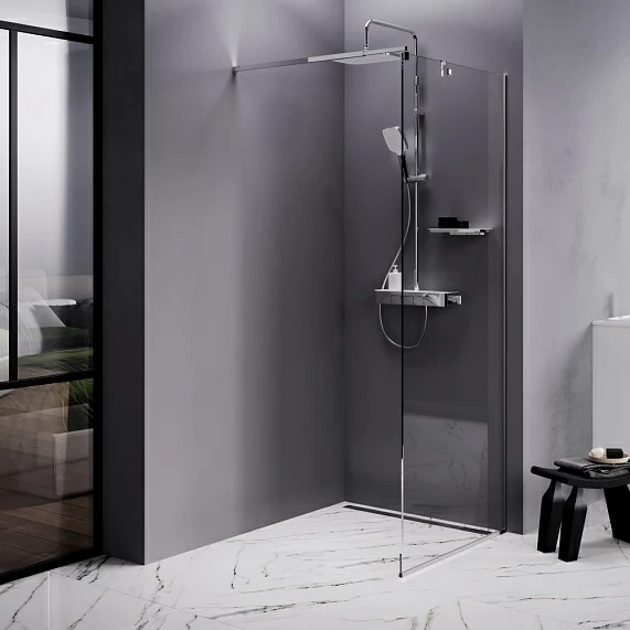 Душевая перегородка AM.PM Func 80x200 см прозрачное стекло, правое/левое, универсальное, прозрачное закаленное стекло 8 мм, профиль хром, прямоугольная