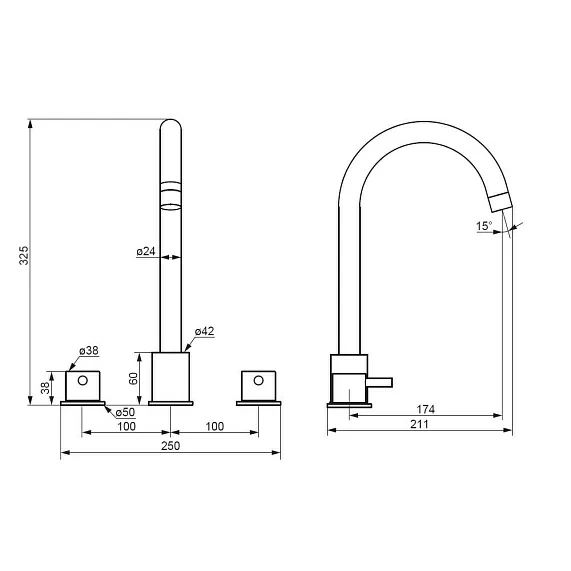 Смеситель для раковины/умывальника Damixa Scandinavian Pure, двухвентильный, поворотный, керамический, длина излива 174 мм, латунь, цвет хром