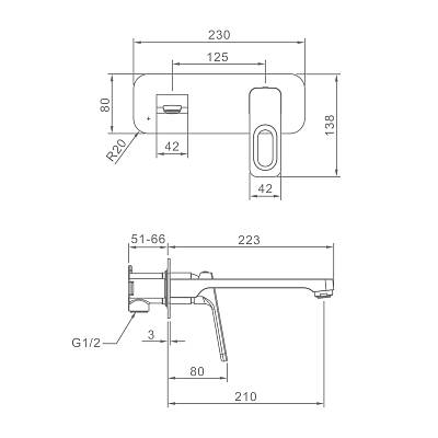 Смеситель для раковины/умывальника Raglo R51.11 встраиваемый/настенный, однорычажный, неповоротный, латунь, длина излива 210 мм, керамический, цвет хром