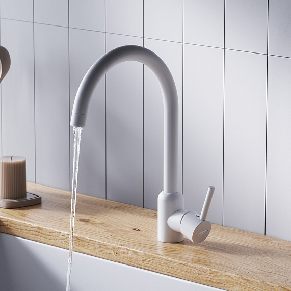 Смеситель для кухни/мойки Dorff Logic однорычажный, поворотный, нержавеющая сталь, с высоким изливом, длина 181 мм, цвет белый