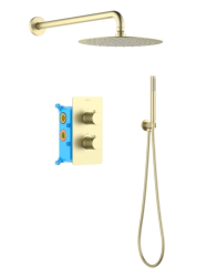 Душевая система Aquatek Европа 3 в 1 встраиваемая, цвет шлифованное золото, комплект: термостатический смеситель/тропический душ (с верхней лейкой)/кронштейн/лейка/шланг, латунь, внутренний (скрытый) монтаж