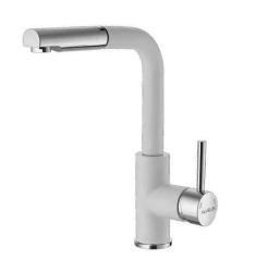 Смеситель для кухни ALVEUS SIROS-P G11 ARCTIC однорычажный, поворотный/выдвижной, керамический, высокий Г-образный излив с лейкой, высота излива 26,8 см, латунь, покрытие гранит, цвет белый