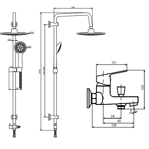 Душевая система Dorff Norma, высота 1040 мм, цвет хром, комплект: смеситель/тропический душ круглый (с верхней лейкой)/стойка/лейка/шланг, латунь/пластик