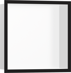 Полка Hansgrohe XtraStoris Individual 300/300/100, с дизайнерской рамой, размер 30х30х10 см, встраиваемая в нишу, форма прямоугольная, цвет матовый белый/черный, нержавеющая сталь, встроенная/настенная, шкаф/короб