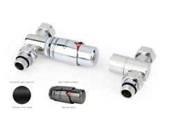 Автоматический терморегулятор Сунержа прямой G 1/2" НР х G 3/4" набор, цвет тёмный титан муар, чёрный хром