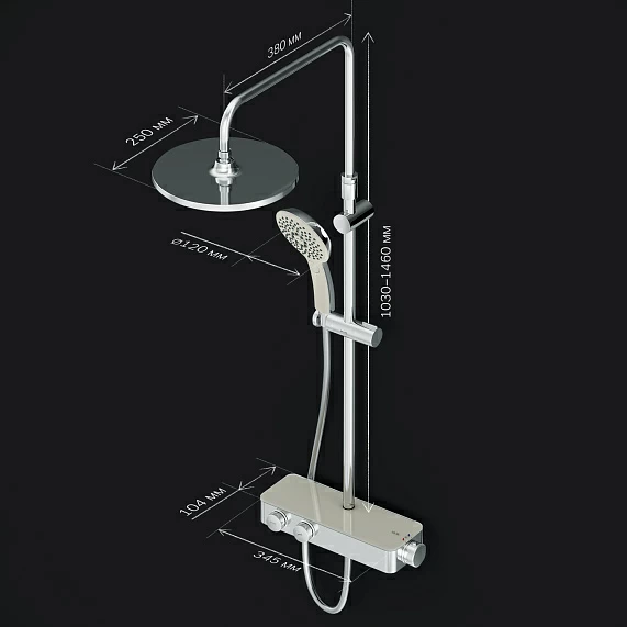 Душевая система AM.PM Inspire 2.0, высота 1030-1460 мм, цвет хром, комплект: термостатический смеситель/тропический душ (с верхней лейкой)/стойка/лейка/шланг, латунь/нержавеющая сталь/пластик