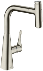 Смеситель для кухни/мойки Hansgrohe Metris Select M71, 240 sBox 2jet, однорычажный, керамический, с поворотным/вытяжным изливом, длина 20,8 см, латунь, цвет под сталь