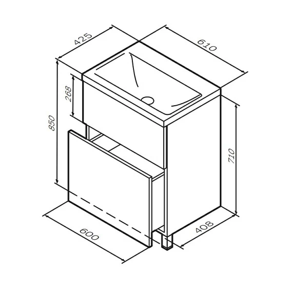 Тумба под раковину AM.PM Gem 60, 600x408x710 мм, напольная, цвет под дерево орех, 2 выдвижных ящика, под раковину/умывальник, прямоугольная, правая/левая, универсальная