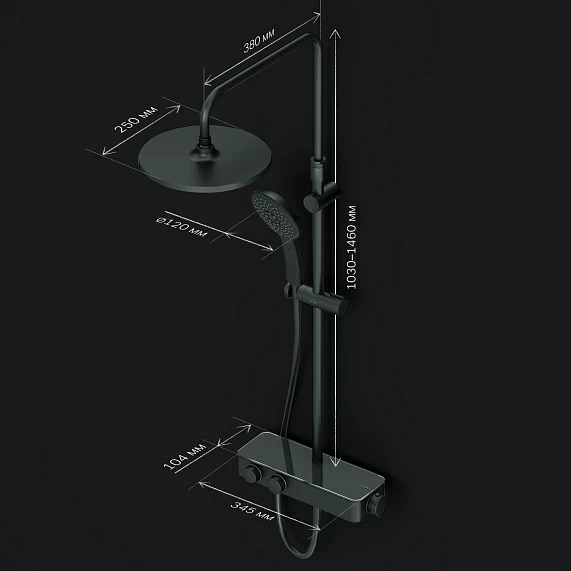Душевая система AM.PM Inspire 2.0, высота 1030-1460 мм, цвет черный матовый, комплект: термостатический смеситель/тропический душ (с верхней лейкой)/стойка/лейка/шланг, латунь/нержавеющая сталь/пластик