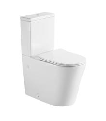 Унитаз-компакт Aquatek Оберон белый, горизонтальный (в стену) выпуск, напольный, с быстросьемным сиденьем микролифт, дюропласт, безободковый, подвод воды: снизу, чаша с бачком