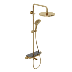 Душевая система Abelsberg Lineara с термостатом, высота 900−1300 мм цвет королевское золото, комплект: смеситель/полка для душа/излив/тропический душ округлый (с верхней лейкой)/лейка/стойка/шланг, латунь/ABS-пластик