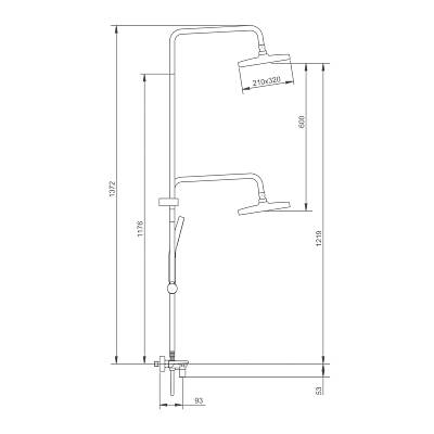 Душевая система Splenka S52.24.06 высота 1372 мм цвет черный, комплект: однорычажный смеситель-полка/излив/тропический душ прямоугольный (с верхней лейкой)/лейка/стойка/шланг, латунь