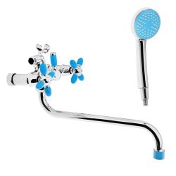 Смеситель для ванны/душа Accoona, настенный, двухвентильный, поворотный, керамический, длина излива 333 мм, цинк, цвет хром/синий