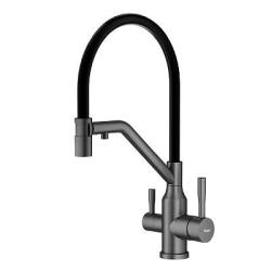 Смеситель для кухни/мойки Raglo R81.62.09 однорычажный, поворотный, керамический картридж, с подключением фильтра, гибкий излив, длина излива 225 мм, нержавеющая сталь/силикон, цвет графит/черный