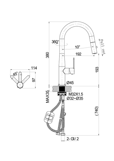 Смеситель для кухни/мойки Cersanit Oliva однорычажный, поворотный/выдвижной излив, керамический, высота 193 мм, длина 192 мм, нержавеющая сталь, цвет матовый черный
