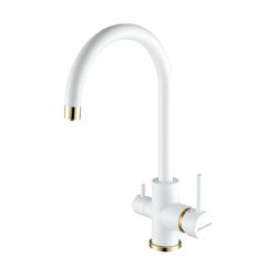 Смеситель для кухни/мойки Paulmark Essen, с подключением к фильтру/биканальный, однорычажный, поворотный излив, керамический картридж, высокий, длина излива 200 мм, латунь, цвет белый матовый/бронза