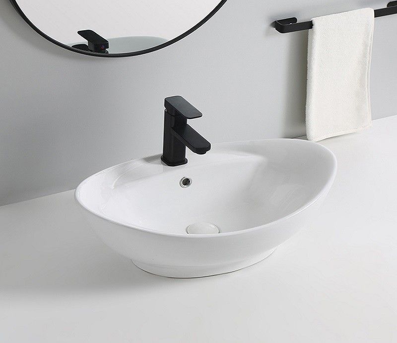 Раковина CeramaLux 9018 59х21х39 накладная, овальная, керамическая/фарфоровая, цвет белый, с отверстием под смеситель, слив-перелив