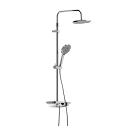 Душевая система Damixa Apollo, высота 1050-1450 мм, цвет хром, комплект: смеситель-полка/тропический душ круглый (с верхней лейкой)/стойка/лейка/шланг, латунь/пластик