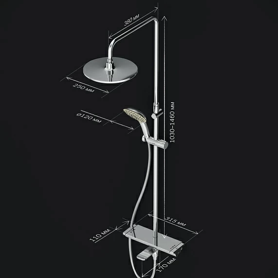 Душевая система AM.PM Spirit 2.0, высота 1030-1460 мм, цвет хром, комплект: термостатический смеситель с изливом/тропический душ (с верхней лейкой)/стойка/лейка/шланг, латунь/нержавеющая сталь/пластик/ПВХ